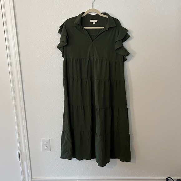 Umgee Dresses & Skirts - Umgee XL Olive Green Maxi Dress Ruffle Short Sleeve‎ Tiered Casual Boho Flowy
